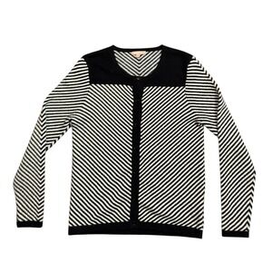 Kier + J Chevron 100% Cashmere Cardigan Black White Stripe Patter Woman's Sz Med
